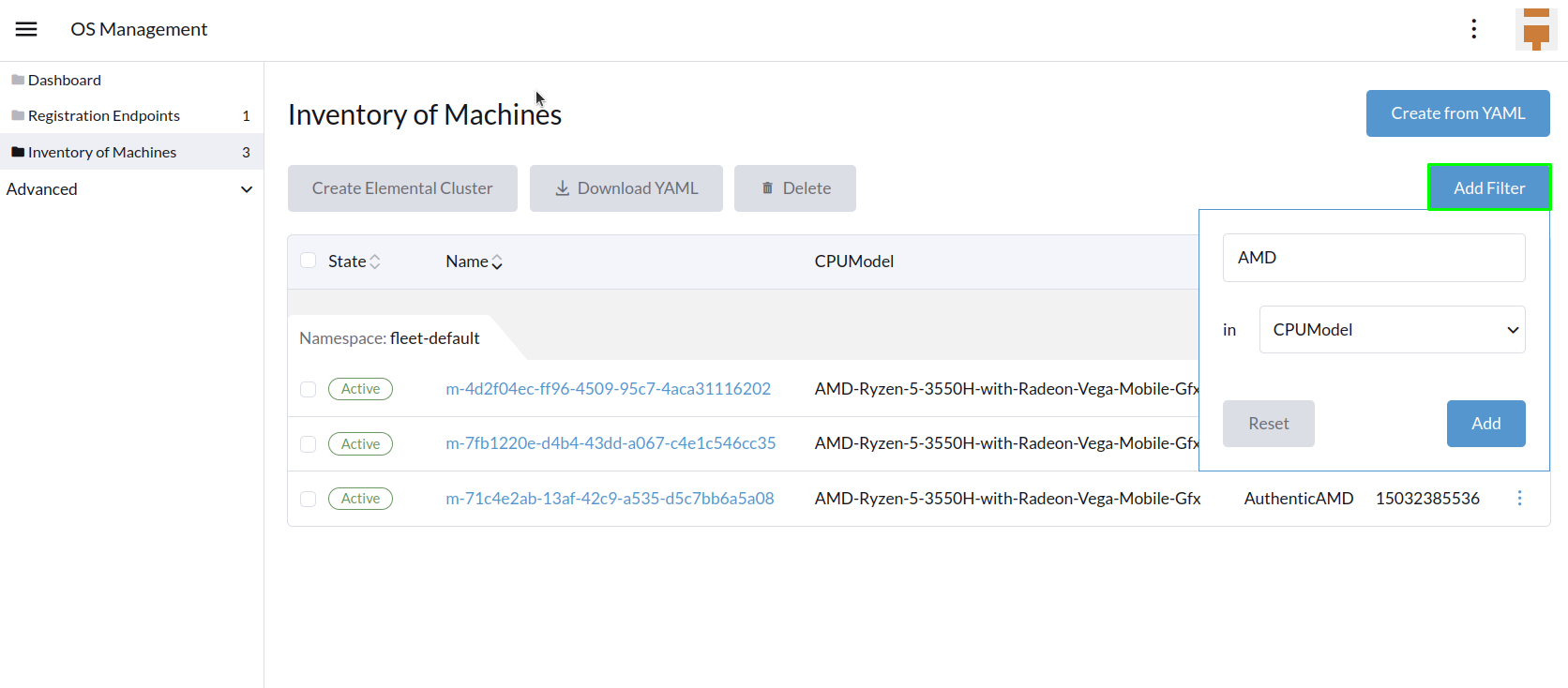 Machine Inventory filtering